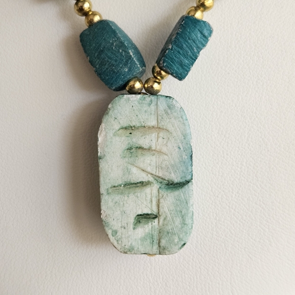 Vintage Scarab Necklace Egyptian Revival Beaded Blue Beetle Glazed Ceramic 28-in - Picture 11 of 13